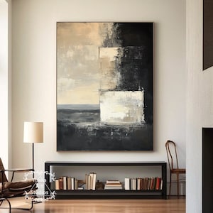 Schwarz und Grau Minimalistische Geometrische Malerei Beige Wabi-Sabi Wand Kunst Schwarz Beige Abstrakte Malerei Schwarz Beige Minimalist Schlafzimmer Dekor Wand Kunst