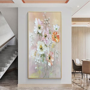 Original Blooming Abstract Flower Painting Large Pink and White Textured Flower Painting Orange Wall Art Modern Minimalist Decorative Art