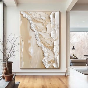 Large Minimalist White Ocean Wave Painting Beige  Beach Texture Painting Wabi Sabi Wall Art Neutral Texture Wall Art Living Room Wall Art