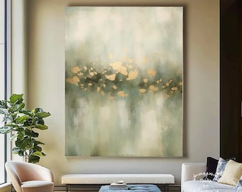 Gran pintura al óleo abstracta verde y dorada sobre lienzo, arte de pared abstracto 3D moderno, pintura dorada original, pintura verde para sala de estar.