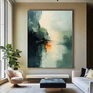 Large Green Abstract Painting Green Minimalist Texture Painting Clouds Landscape Painting Beige And Green Painting River Wall Painting