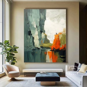 Large green abstract texture painting Green minimalist abstract painting Hand-painted green texture painting Green landscape oil painting