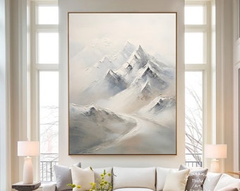 Toile de montagne enneigée 3D originale, art mural texturé moderne, style wabi-sabi, peinture décorative de salon, peinture beige