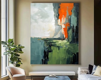 Hand-Painted Original Green Mountain Painting Modern Green Abstract Landscape Painting Large Textured Wall Art Custom Living Room Painting