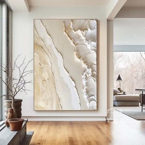 Large Minimalist White Ocean Waves Canvas Painting Beige Textured Painting Wabi Sabi Wall Art Neutral Beige Tone Textured Beach Wall Art