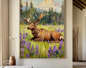 Original Minimalist Landscape Deer Art Large Abstract Deer Painting Mountain Painting Grassland Landscape Texture Painting
