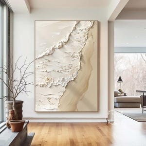Large White Texture Ocean Wave Painting Beige Ocean Texture Painting 3D Beige Texture Beach Wall Art Living Room Decorative Wall Art