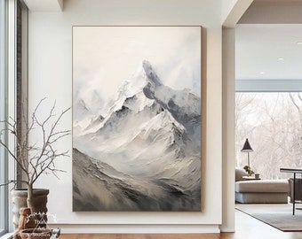 Original abstracto paisaje de montaña pintura pintada a mano nieve montaña pintura paleta cuchillo pintura textura gris pintura dormitorio arte