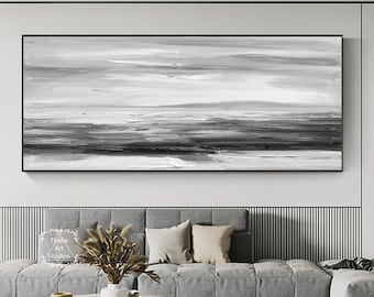 Zwart-wit schilderij grote oceaan landschap oceaan textuur schilderij witte oceaan golven muur kunst grijze canvas kunst moderne minimalistische art deco