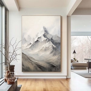 Original Abstract Mountain Landscape Painting Hand Painted Snow Mountain Painting Palette Knife Painting Gray Texture Painting Bedroom Art