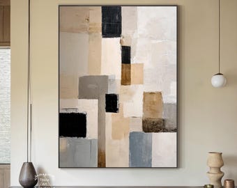 Gran pintura abstracta marrón y blanca, pintura acrílica abstracta moderna, arte de pared minimalista azul original, decoración del hogar