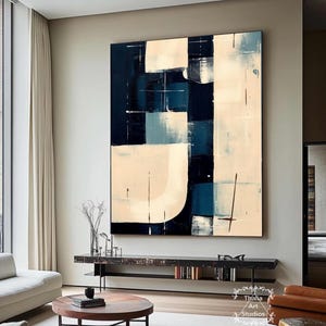 Blue and Beige Geometric Abstract Painting Beige Large Minimalist Abstract Art Navy Blue Abstract Painting Modern Living Room Abstract Art