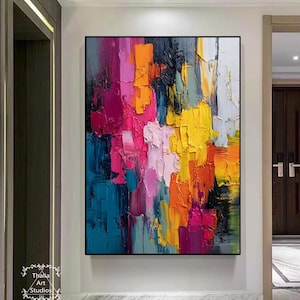 Large Vibrant Abstract Impasto Canvas Painting Colorful Textured Wall Art Modern Abstract Palette Knife Painting Living Room Wall Art