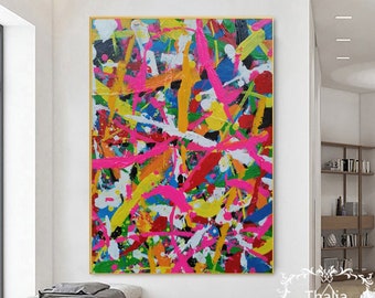 May include: Abstract painting with a colorful, chaotic design. The painting features a variety of colors, including pink, yellow, blue, green, red, and black. The paint is applied in thick strokes and splatters, creating a dynamic and energetic composition.