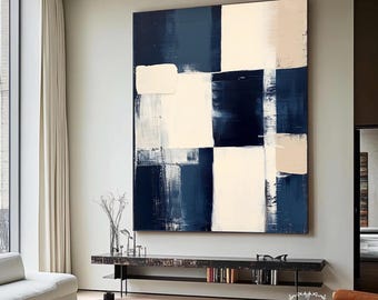 Blue and Beige Geometric Abstract Painting Large Minimalist Blue Abstract Art Navy Blue Abstract Decorative Painting Modern Abstract Art