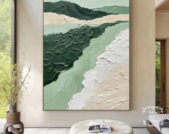 Large Nordic Green White abstract wall Art Green 3D texture painting Beige Textured Canvas Painting Modern Living Room Minimalist  Painting
