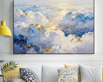Abstract Textured Painting Of Blue Sky And White Clouds Original Cloud Art Large Sky And Cloud Landscape Painting On Canvas Gold Painting