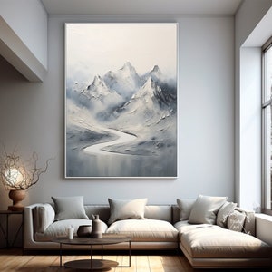 Large White Abstract Mountain Painting Gray Minimalist Texture Painting Snow Mountain Abstract Wall Art Knife Painting Mountain Painting