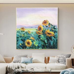 Sunflower Abstract Painting Large Blooming Sunflower Texture Painting Yellow Abstract Texture Art Green Acrylic Painting Landscape Painting