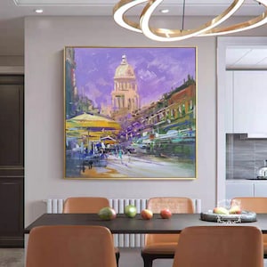 Cityscape Painting Abstract Cityscape Art Large City Abstract Wall Art Purple Abstract Oil Painting Modern Office Decor Framed Painting