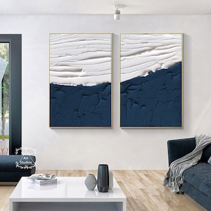Large Blue and White Abstract Painting Modern 3D Textured Canvas Wall Art Blue White Textured Minimalist Painting Blue White Wall Painting