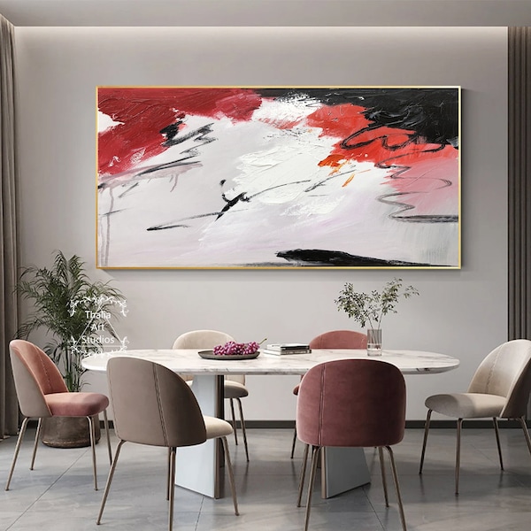 Abstract Red Painting Large Minimalist Acrylic Abstract Painting Red and Black Abstract Painting White Texture Wall Art Living Room Wall Art