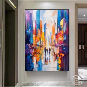 Abstract Cityscape Painting Original Colorful City Acrylic Wall Art Colorful City Texture Painting Blue And Purple Abstract Wall Art