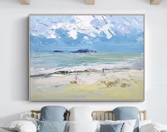 オリジナルのビーチ風景画 モダンな海景アクリル画 ビーチ抽象画