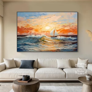 Large Abstract Blue Ocean Oil Painting Original Sunset Seascape Wall Art Modern Nautical Painting, Living Room Wall Decoration Painting