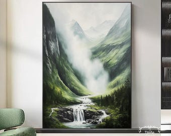 大きな滝の抽象画 手作りの山の風景画 緑の質感の抽象画 渓流の風景画