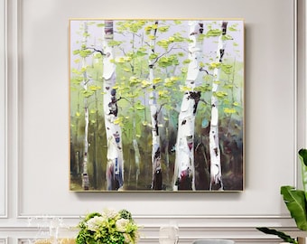 Birch Abstract Texture Painting Large Birch Wall Art Large Modern Acrylic Texture Art Green Texture Art Birch Painting Living Room Wall Art