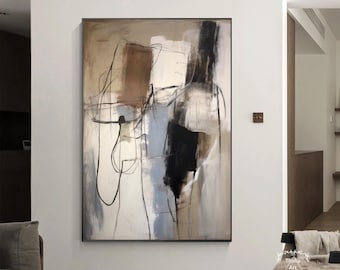 Gran arte de pared minimalista abstracto beige marrón, arte de pared Wabi-Sabi, pintura marrón original, arte minimalista grande, arte de pared decorativo moderno