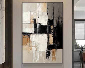 大きな白黒抽象画 オリジナルブラウンテクスチャ抽象壁アート 白抽象画