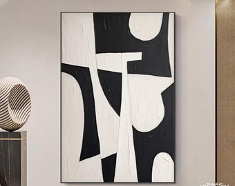 黒と白の幾何学的抽象画 大きな黒のテクスチャ抽象画 白のミニマリスト