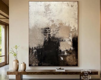 大きなベージュと黒の壁アートオリジナルの茶色とベージュの抽象画