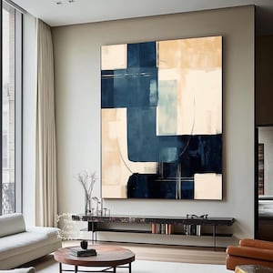 Large Navy Blue Beige Geometric Abstract Canvas Painting Minimalist Blue Abstract Painting Extra Large Vertical Blue Wall Art Decor