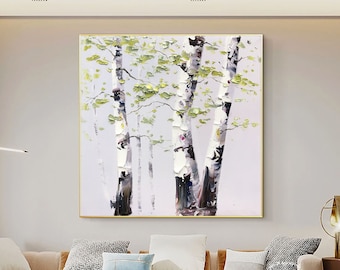 Large Birch Tree Abstract Painting Birch Tree Texture Art White 3D Texture Abstract Art Green Acrylic Painting White Minimalist Painting