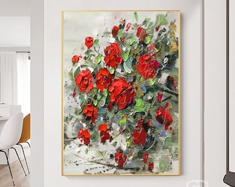 Large Original Rose Flower Canvas Painting Red Rose Painting Rose Abstract Texture Painting Flower Wall Art Modern Texture Abstract Painting