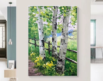 Birch Tree Oil Painting Original Tree Oil Painting Large Green Birch Forest Landscape Painting Modern Palette Knife Painting Living Room Art