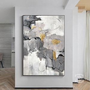 Large Grey and White Wall Art Grey Textured Painting Gold Abstract Painting Original Abstract Wall Art Grey Minimalist Abstract Painting