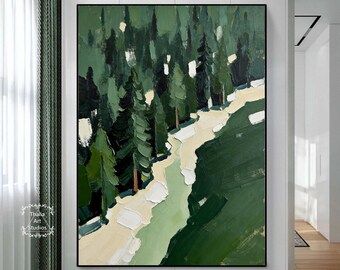 Large Green Texture Abstract Painting, Green Forest Landscape, Modern 3D Textured Green Abstract Wall Art, Bedroom Wall Art