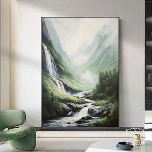 Large Original Green Abstract Mountains Painting Green 3D Texture Mountains Waterfall Landscape Painting Modern Nature Living Room Wall Art