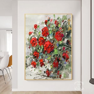 Large Original Rose Flower Canvas Painting Red Rose Painting Rose Abstract Texture Painting Flower Wall Art Modern Texture Abstract Painting
