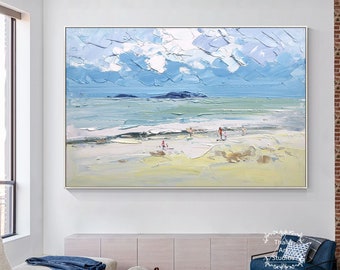 オリジナルのビーチ風景画 モダンな海景アクリル画 ビーチ抽象画