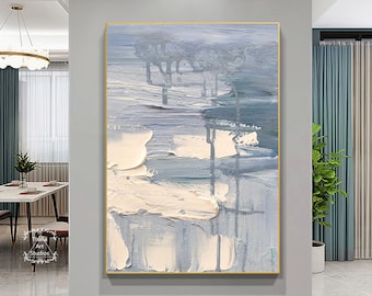 Large Original White Abstract Painting White Texture Painting Blue Abstract Wall Art Minimalist Abstract Painting Modern Art Living Room Art