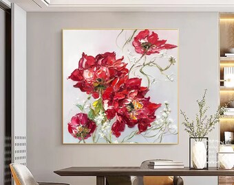 特大の咲き誇る赤い花のキャンバス絵画 オリジナル花柄アクリル
