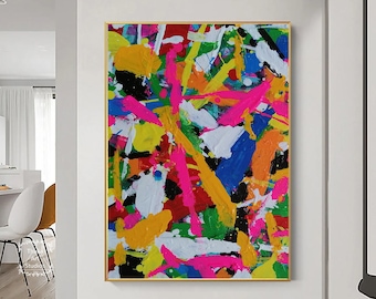 May include: Abstract painting with bold strokes of bright colors, including pink, yellow, blue, green, red, and black. The painting has a dynamic and energetic feel.