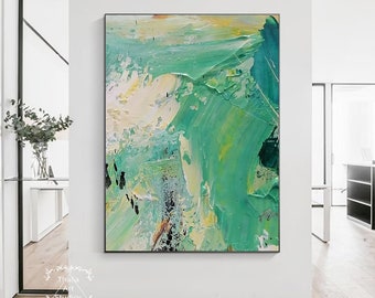 Green Abstract Canvas Painting Large 3D Textured Green Abstract Painting Green Abstract Art Beige Textured Art Modern Decorative Painting