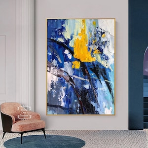 Large Blue Abstract Painting Blue Abstract Texture Wall Art Yellow Abstract Wall Art Minimalist Abstract Art Acrylic Painting Bedroom Art