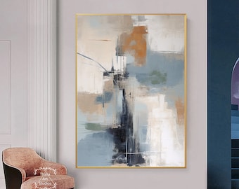 Large Handmade Minimalist Abstract Painting Blue Abstract Wall Art Original Beige Abstract Canvas Painting Modern Blue and Brown Art